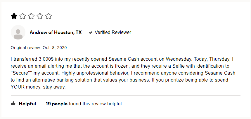 Sesame Cash negative user review