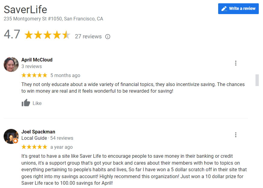 Positive review of SaverLife on Google