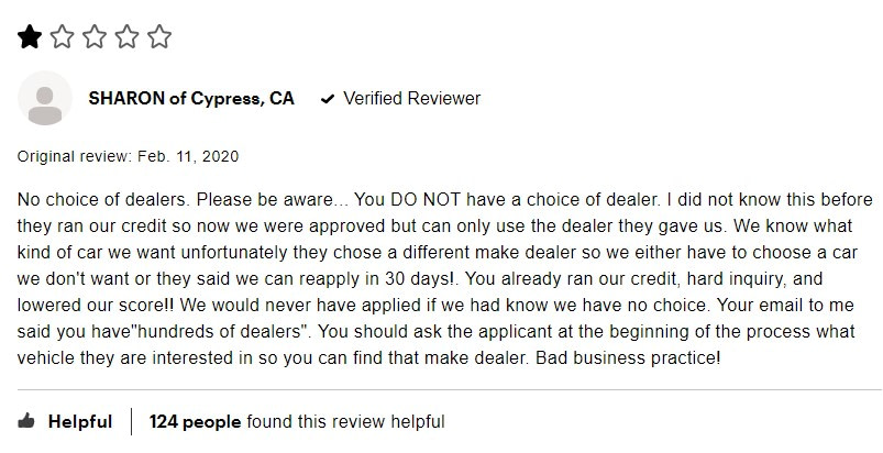 Auto Credit Express customer complaining about no choice of dealer.