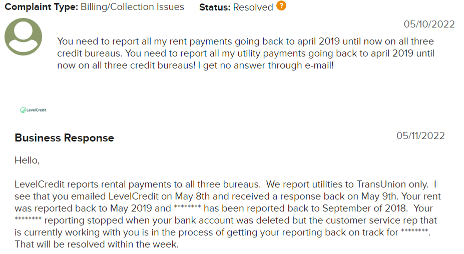 LevelCredit's customer complaint