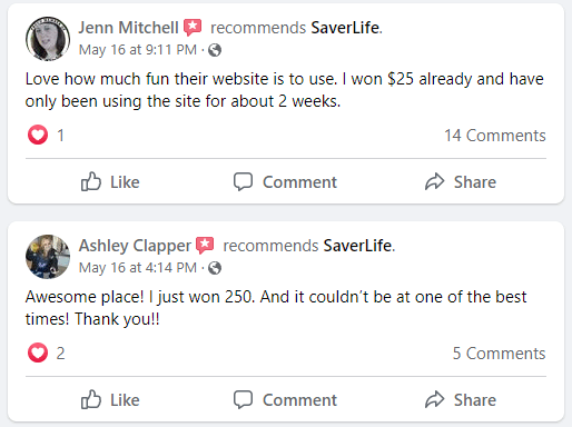 Positive review of SaverLife on Facebook