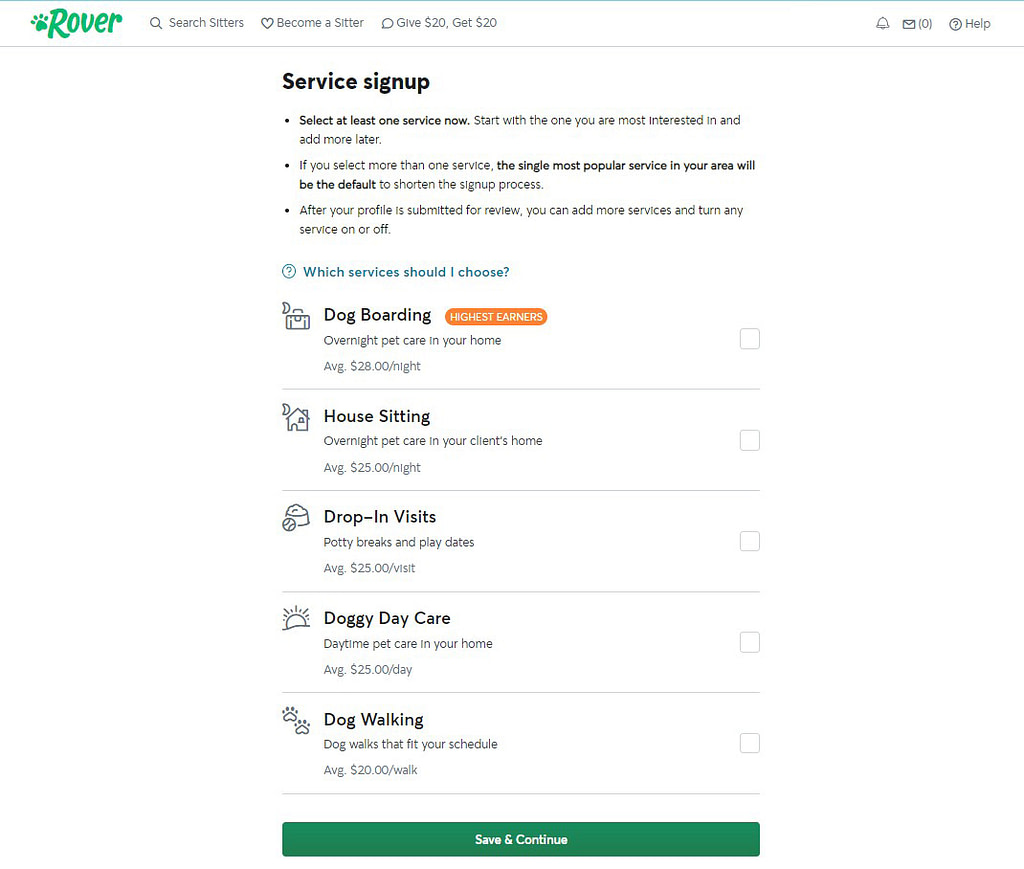 Sign up as a dog sitter on Rover - step 1