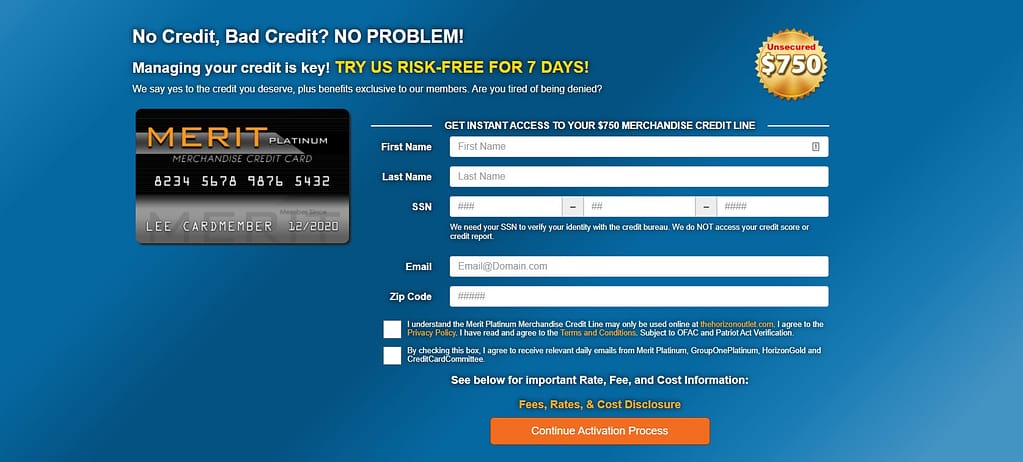 Merit Platinum application page