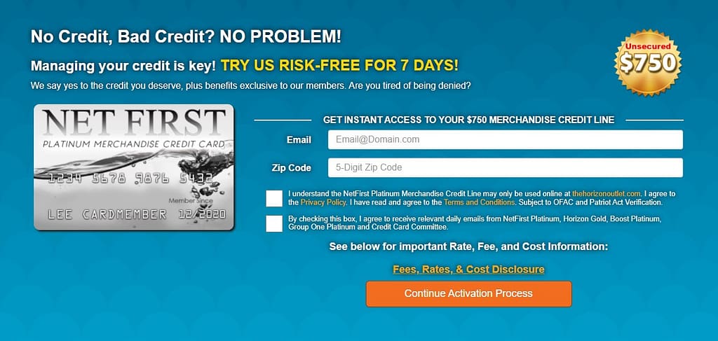 Net First Platinum application page