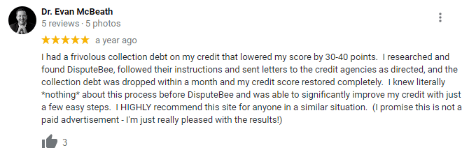 DisputeBee positive customer review on Google