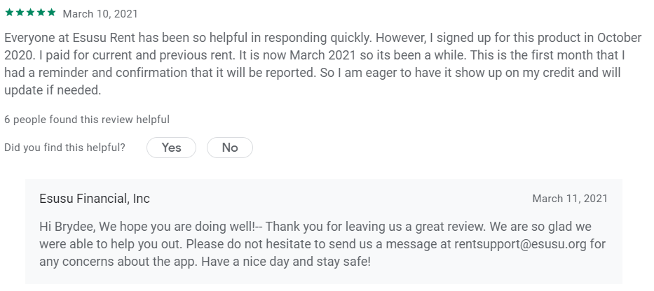 Esusu Rent Customer Service response