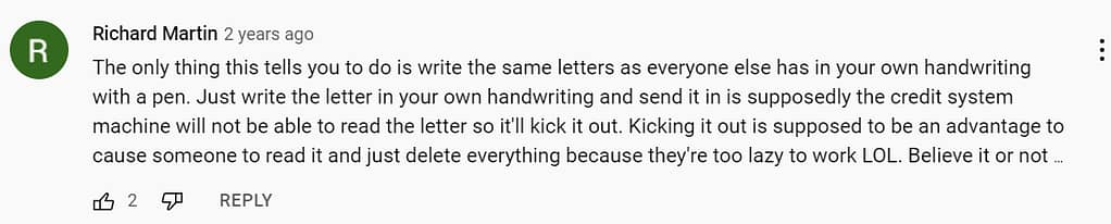 Credit Repair Magic's negative comment on youtube