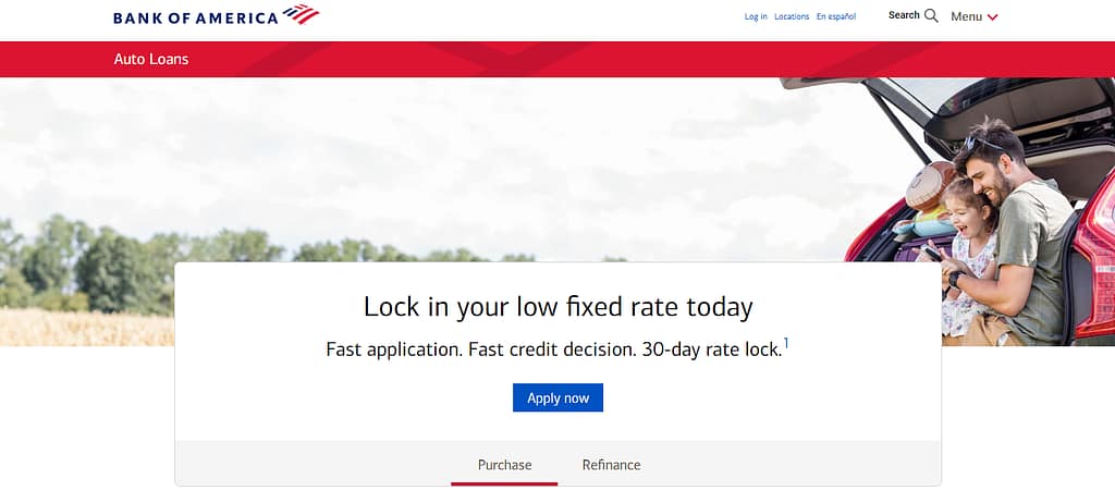 Bank of America auto loan page