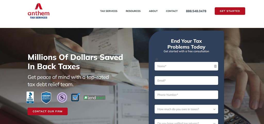 Anthem Tax Services home page (March 2022)
