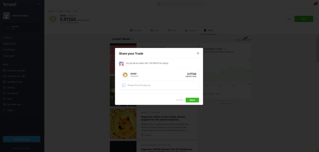 eToro Share your Trade option