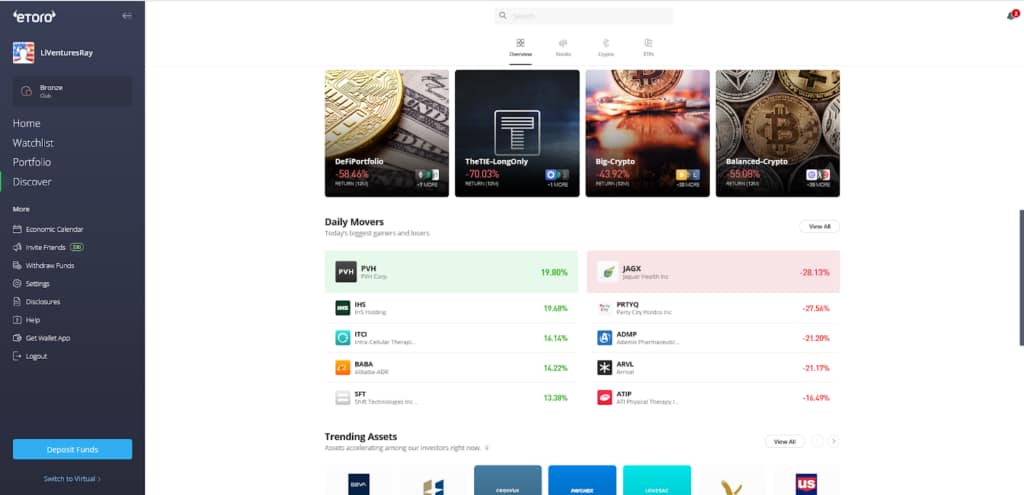 eToro scrolling down Discover page
