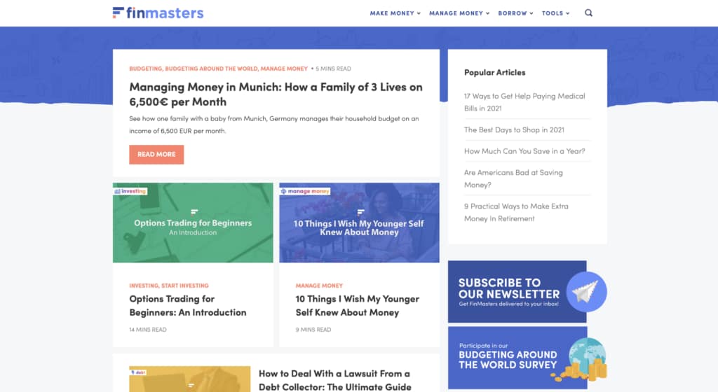 FinMasters home page (April 2021)