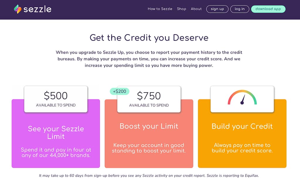 Sezzle Up homepage
