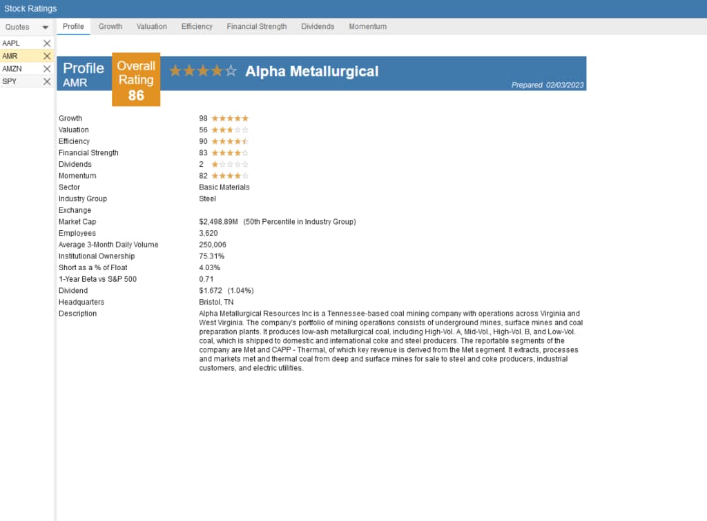 Stock Rover research - stock ratings