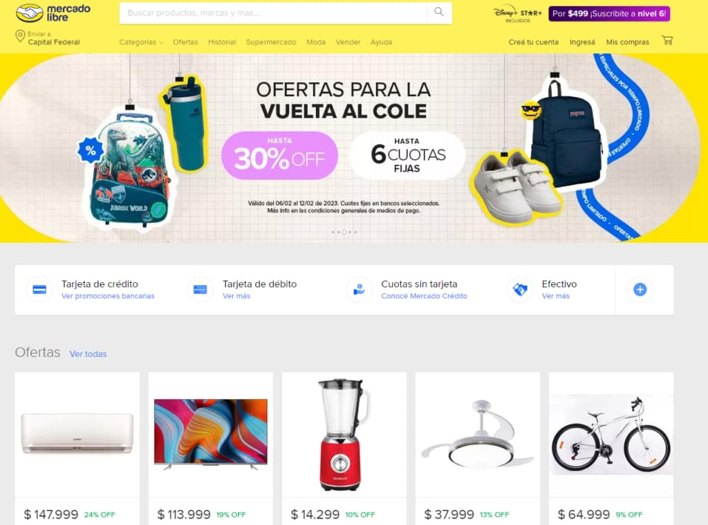 Mercado Libre Front page in Argentina