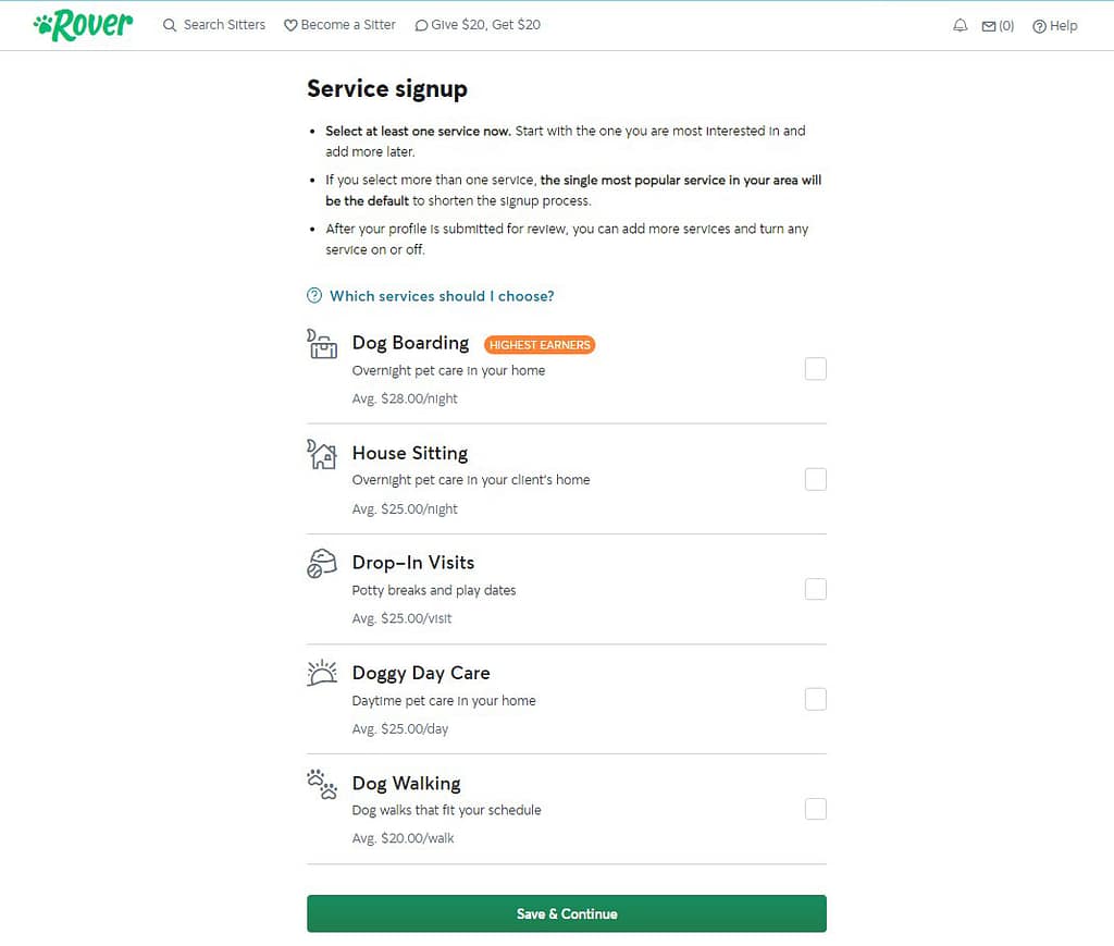 Sign up as a dog sitter on Rover - step 1