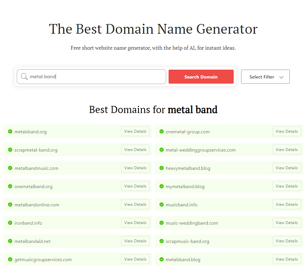 DomainWheel metal band name generator search results for "metal band"