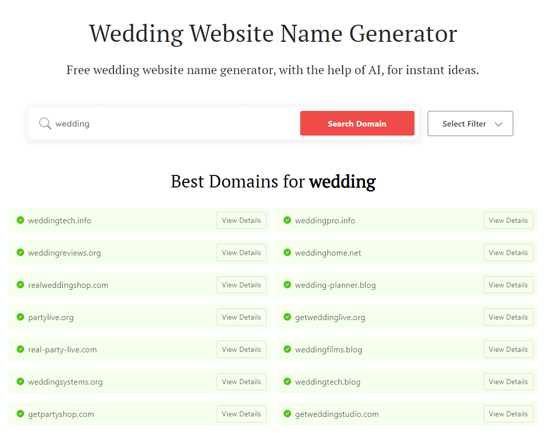 DomainWheel search for "wedding"