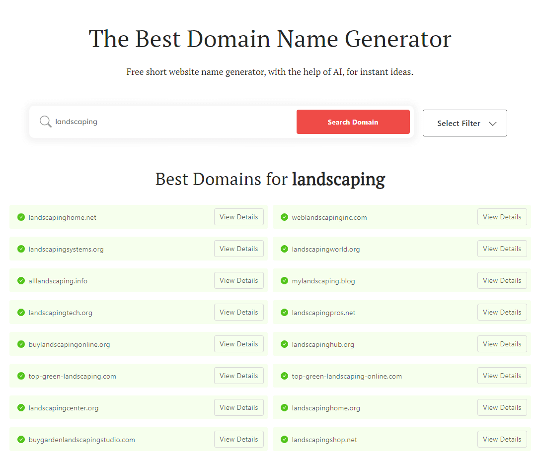Landscaping business names: DomainWheel search results for "Landscaping"