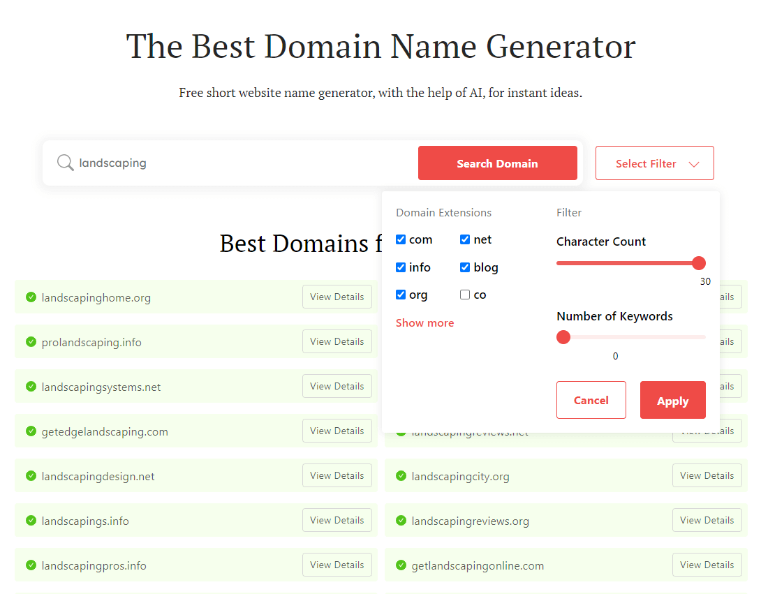 Landscaping business names: DomainWheel search filters 