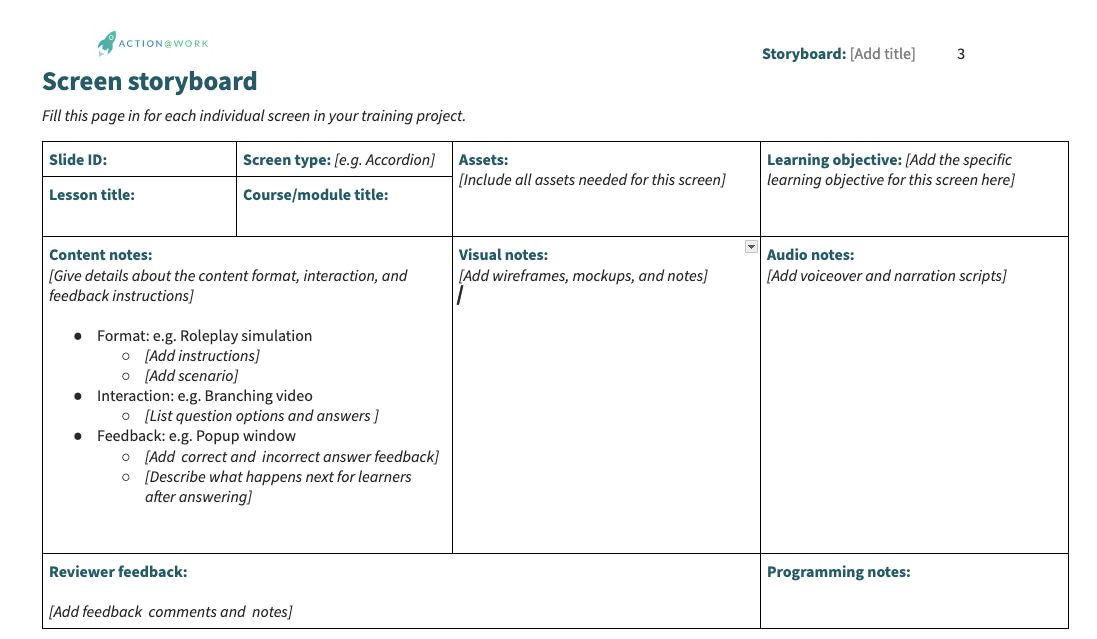 A no-nonsense Action Mapping storyboard template.