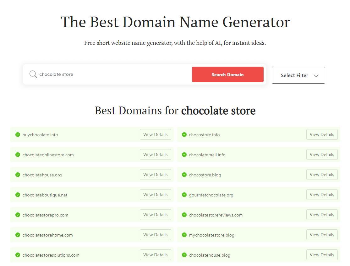 Chocolate business names - DomainWheel search results for "chocolate store"