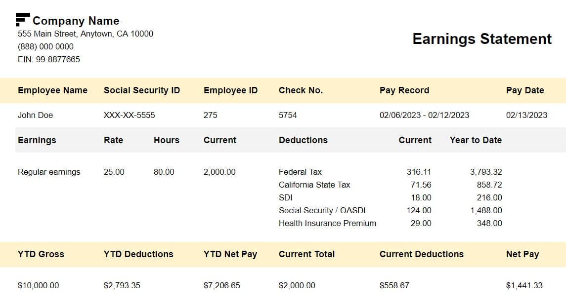 Paystub example