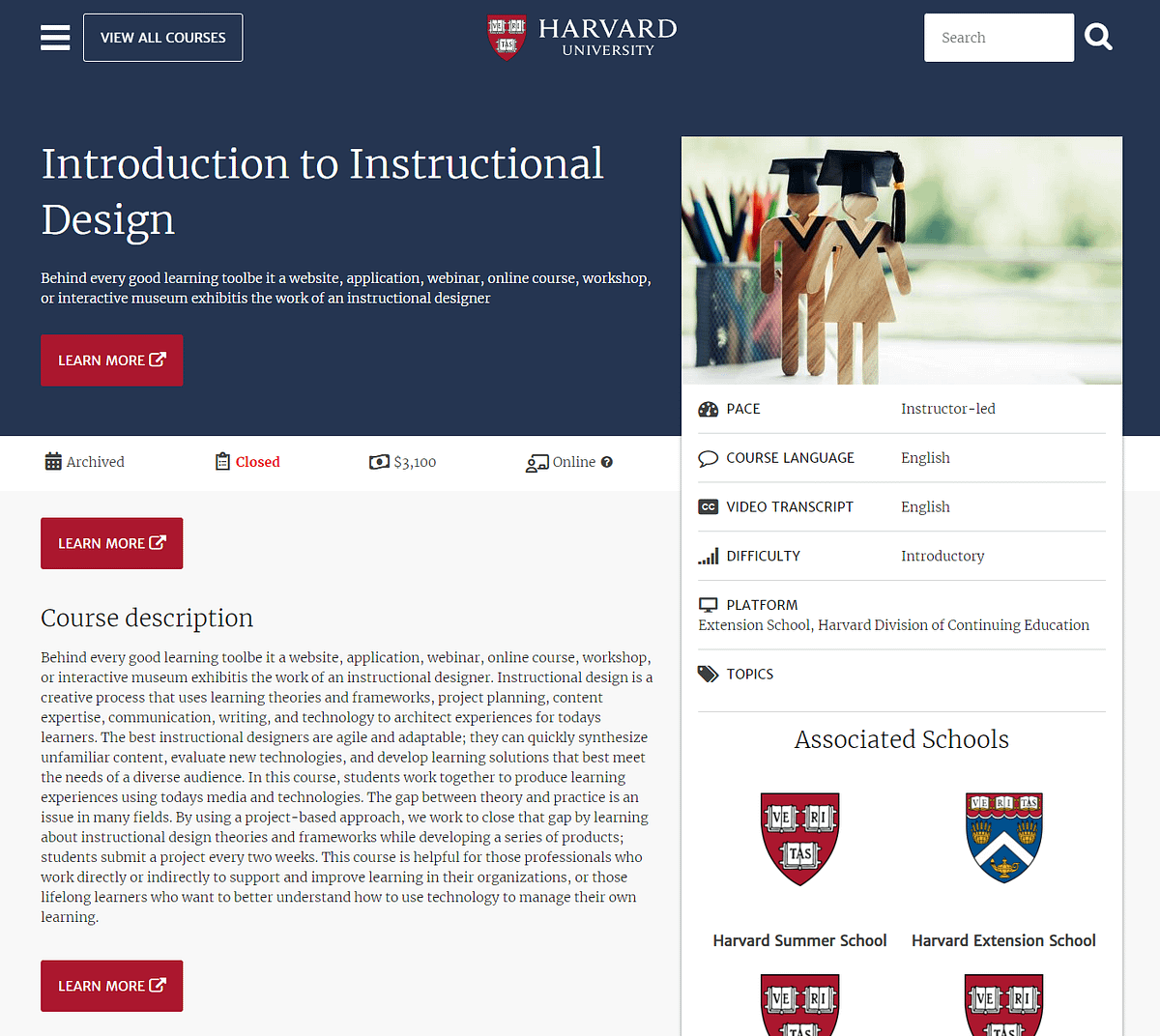 The home page for Harvard's Introduction to Instructional Design course.