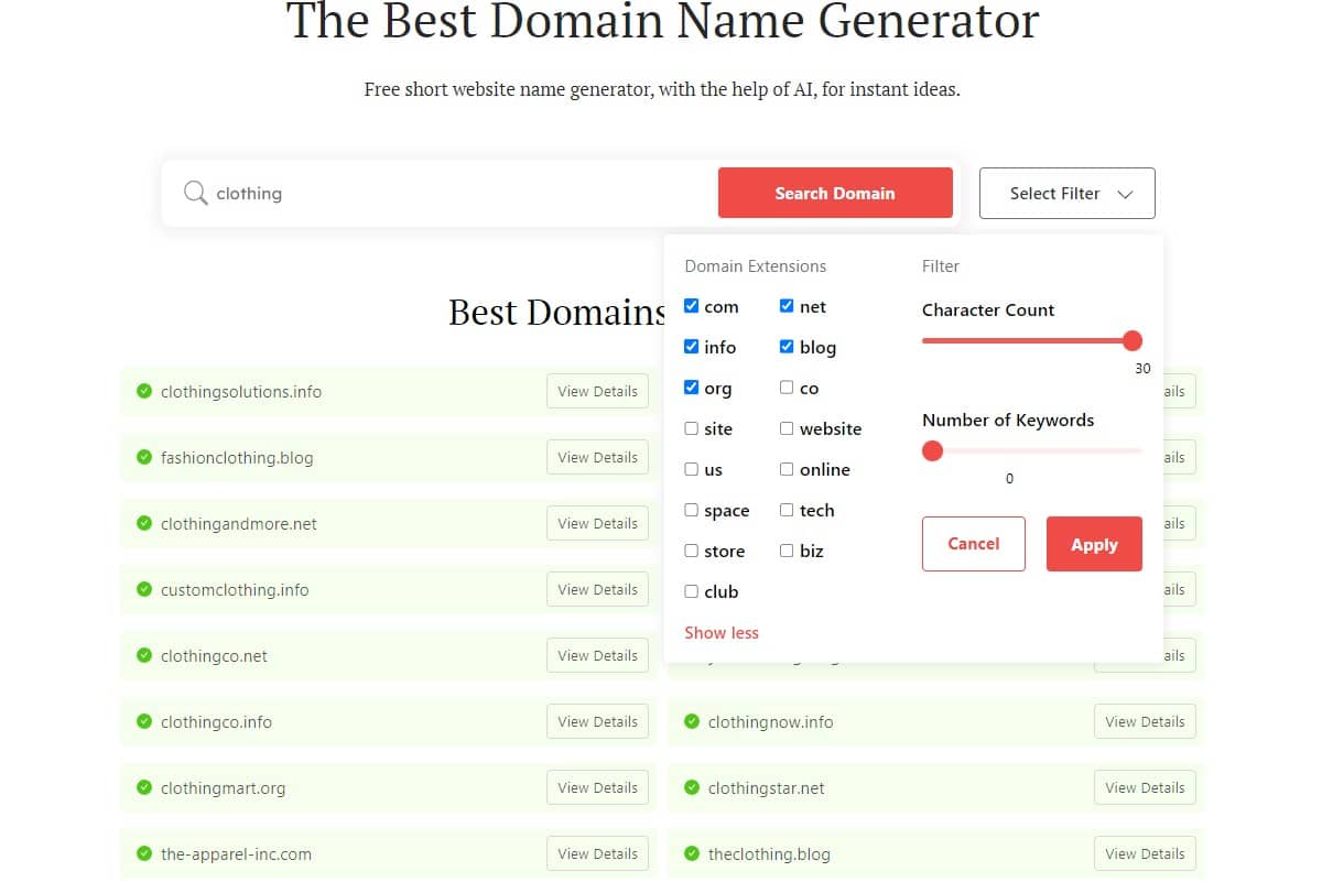 DomainWheel Name Generator - Filters