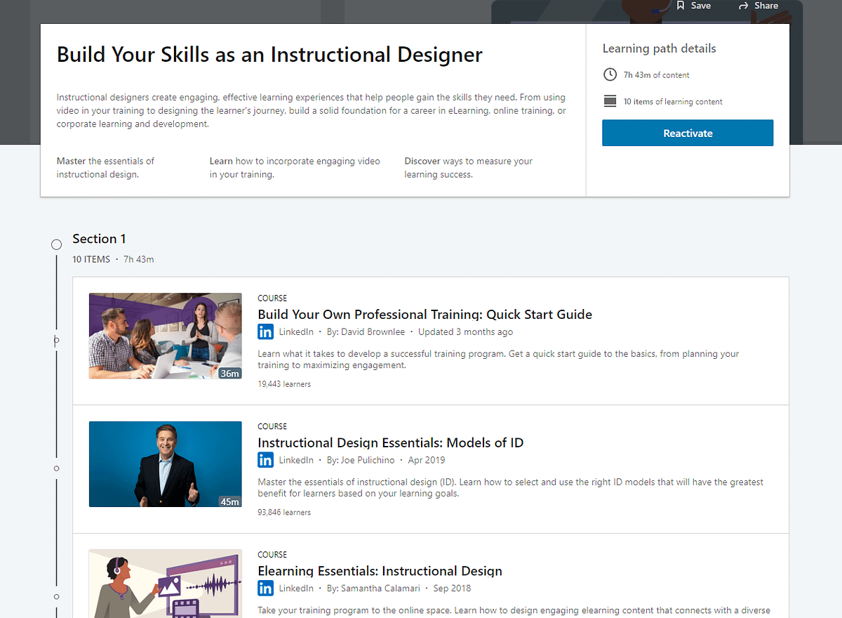 The home page for the Build Your Skills as an Instructional Designer course on LinkedIn.