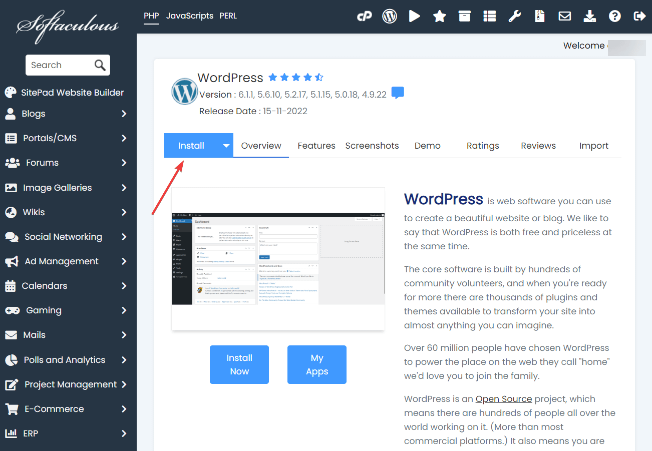 Installing WordPress in Softaculous