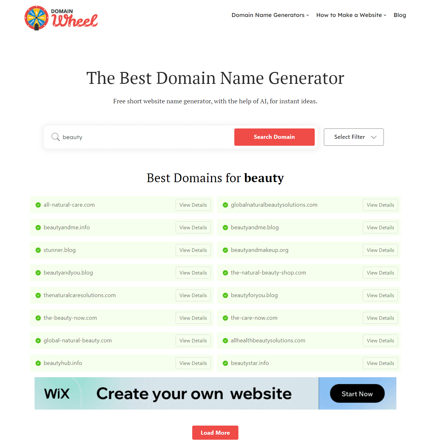DomainWheel domain name generator search results