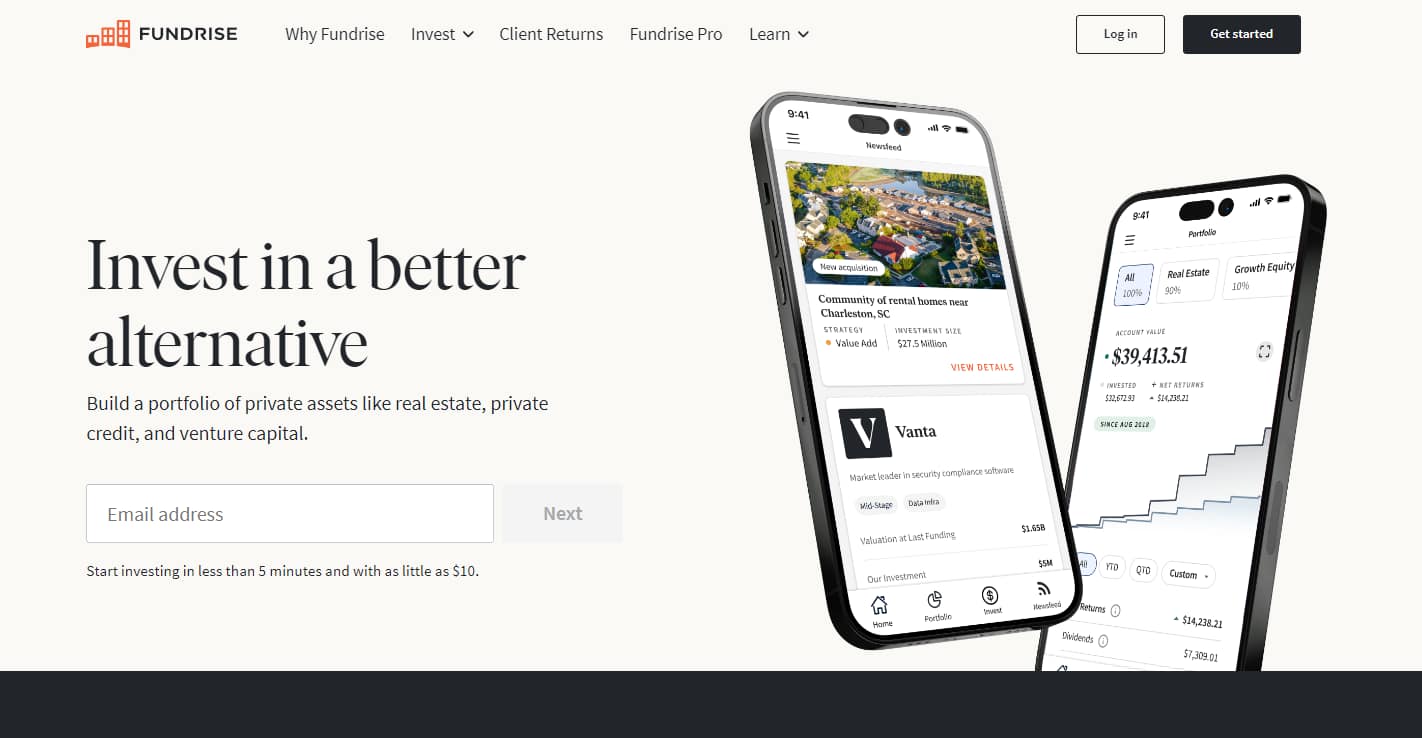 Best real estate investment apps: Fundrise homepage