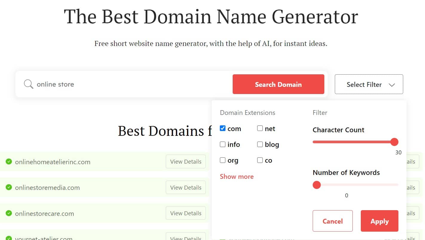 DomainWheel shop name generator search filters for domain extensions, character count, and number of keywords