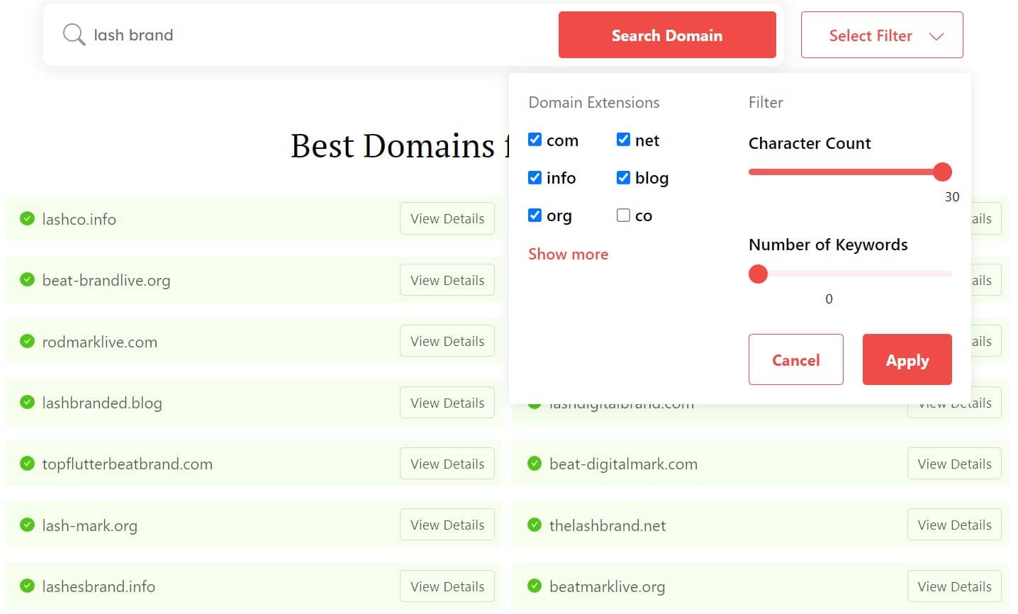 DomainWheel lash business name generator search filters