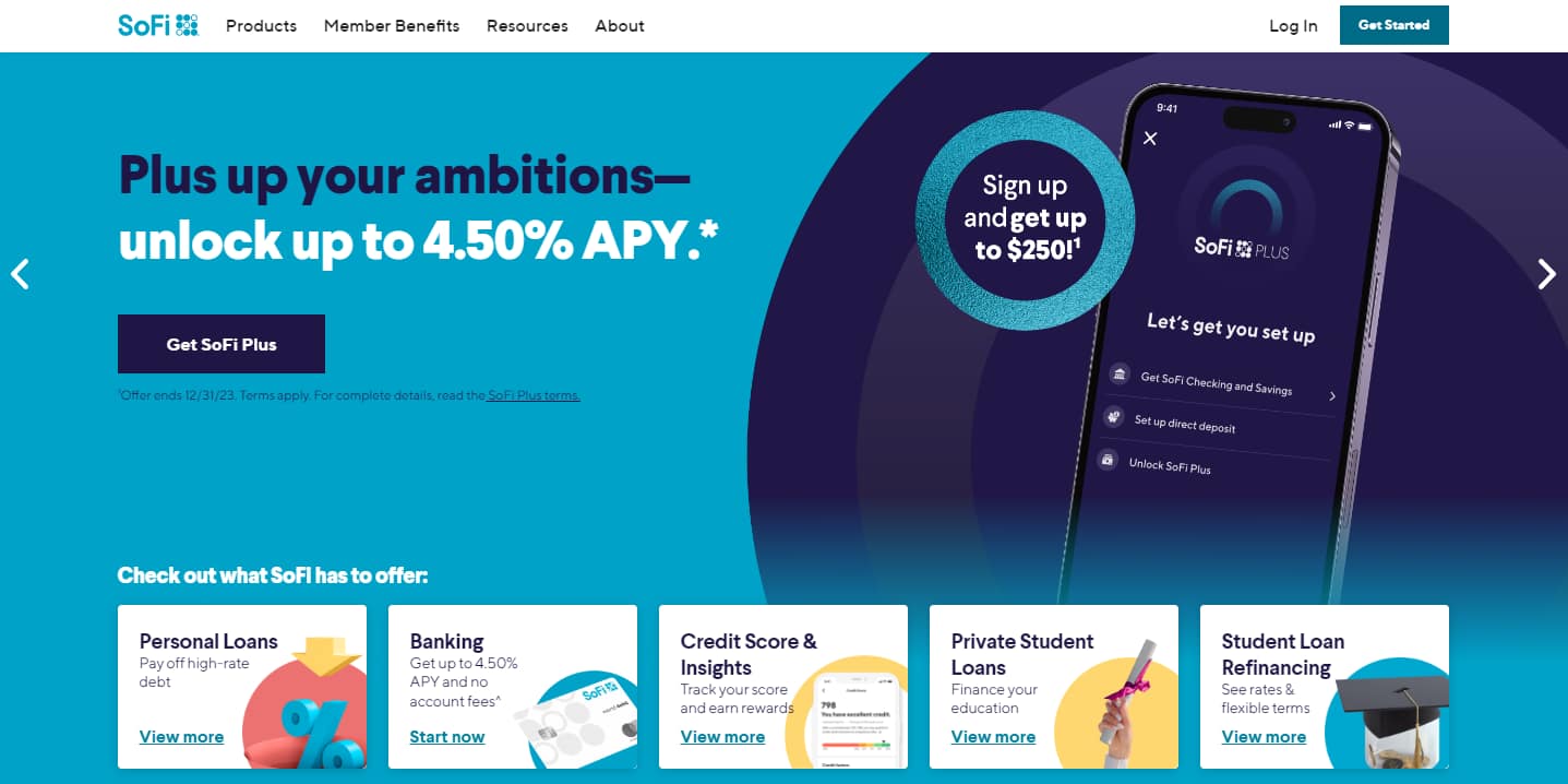 Banks that don't use chexsystems: Sofi Homepage