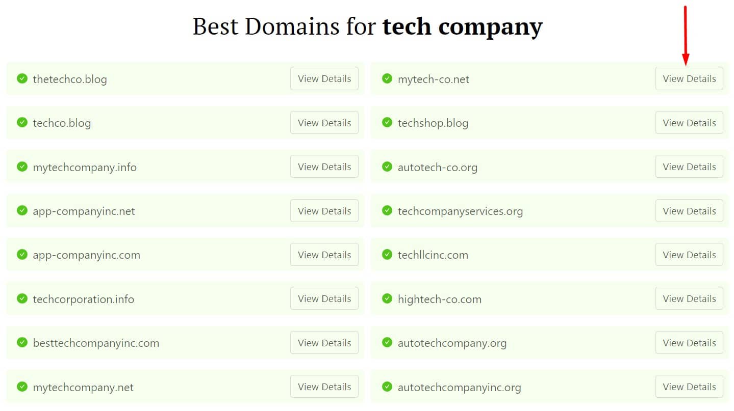 DomainWheel tech company name generator with an arrow pointing to the "View Details" button for the top right name suggestion