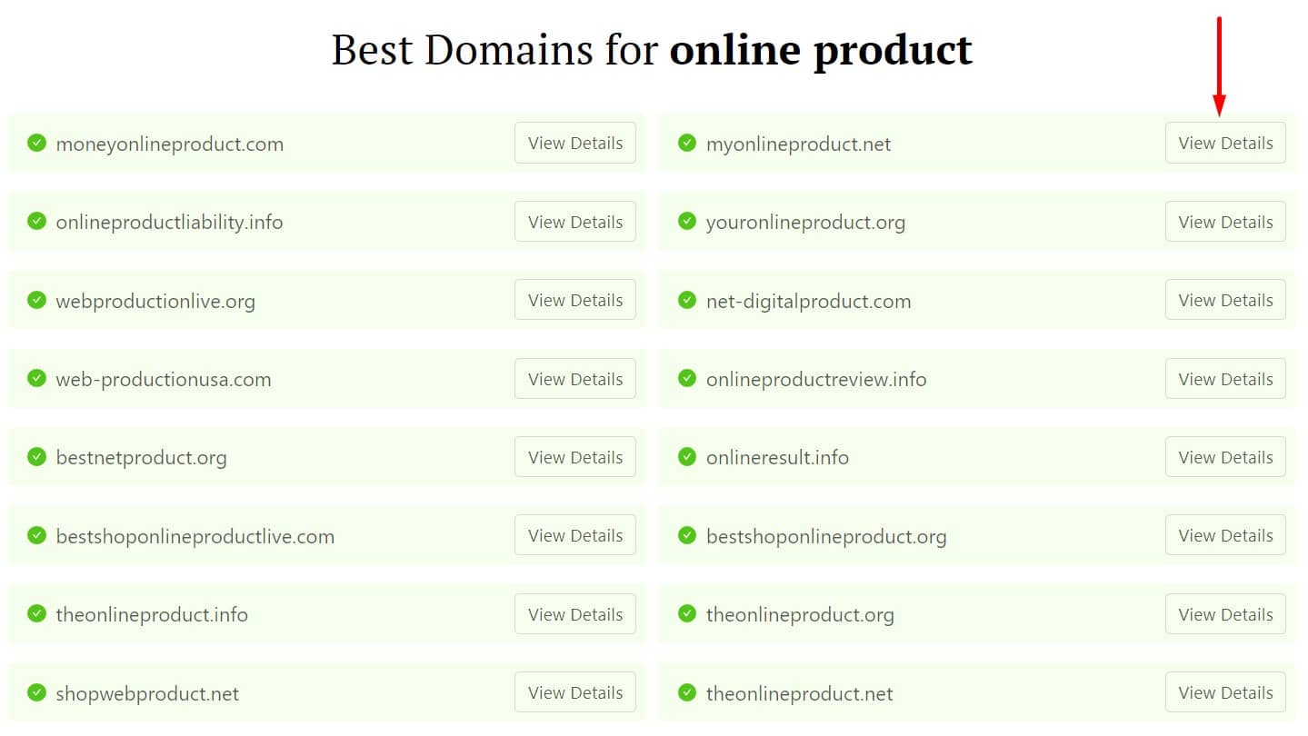 DomainWheel product name generator search results with a red arrow pointing to the "View Details" button attached to the top right search result