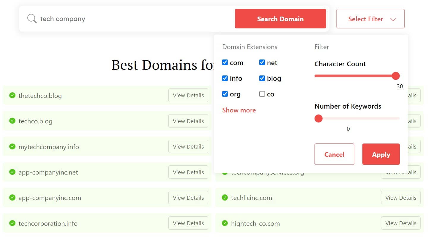 DomainWheel tech company name generator search filters