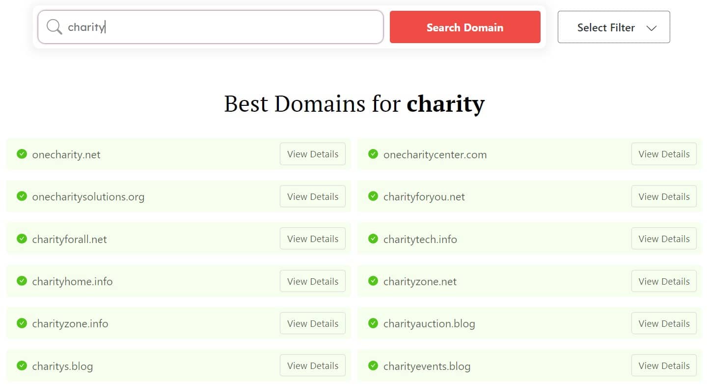DomainWheel charity name generator search results for "Charity"