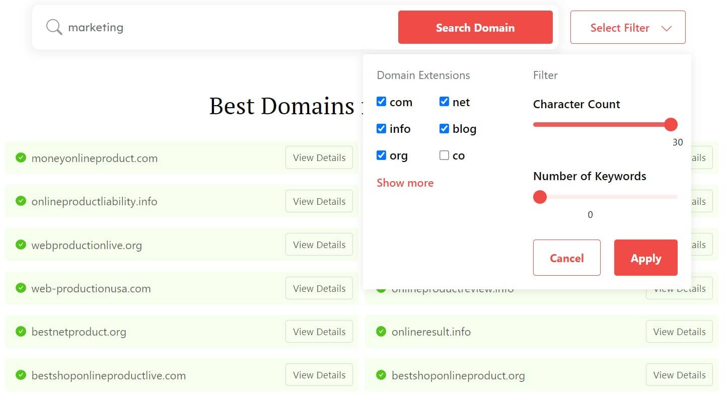 Domain selection for search results
