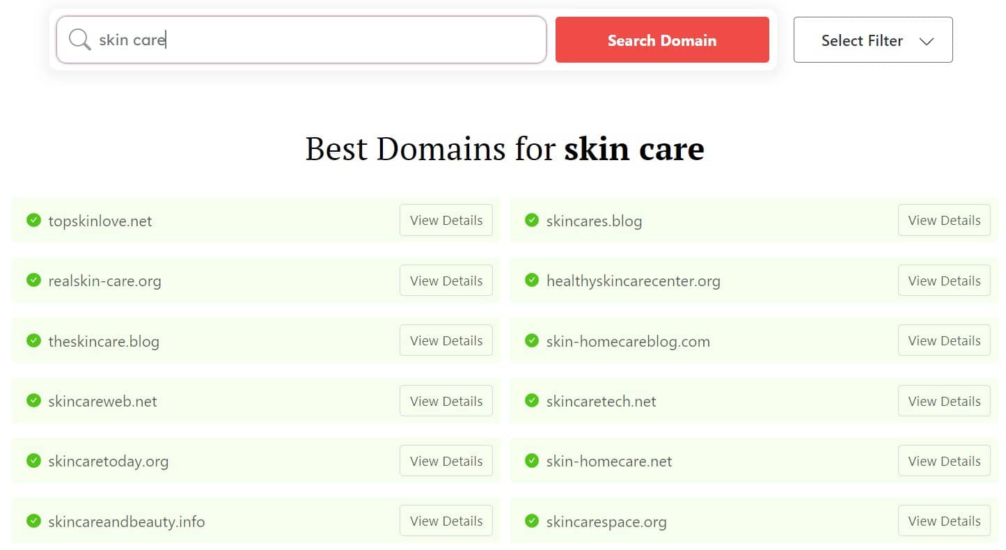 domain searches for "skin care"