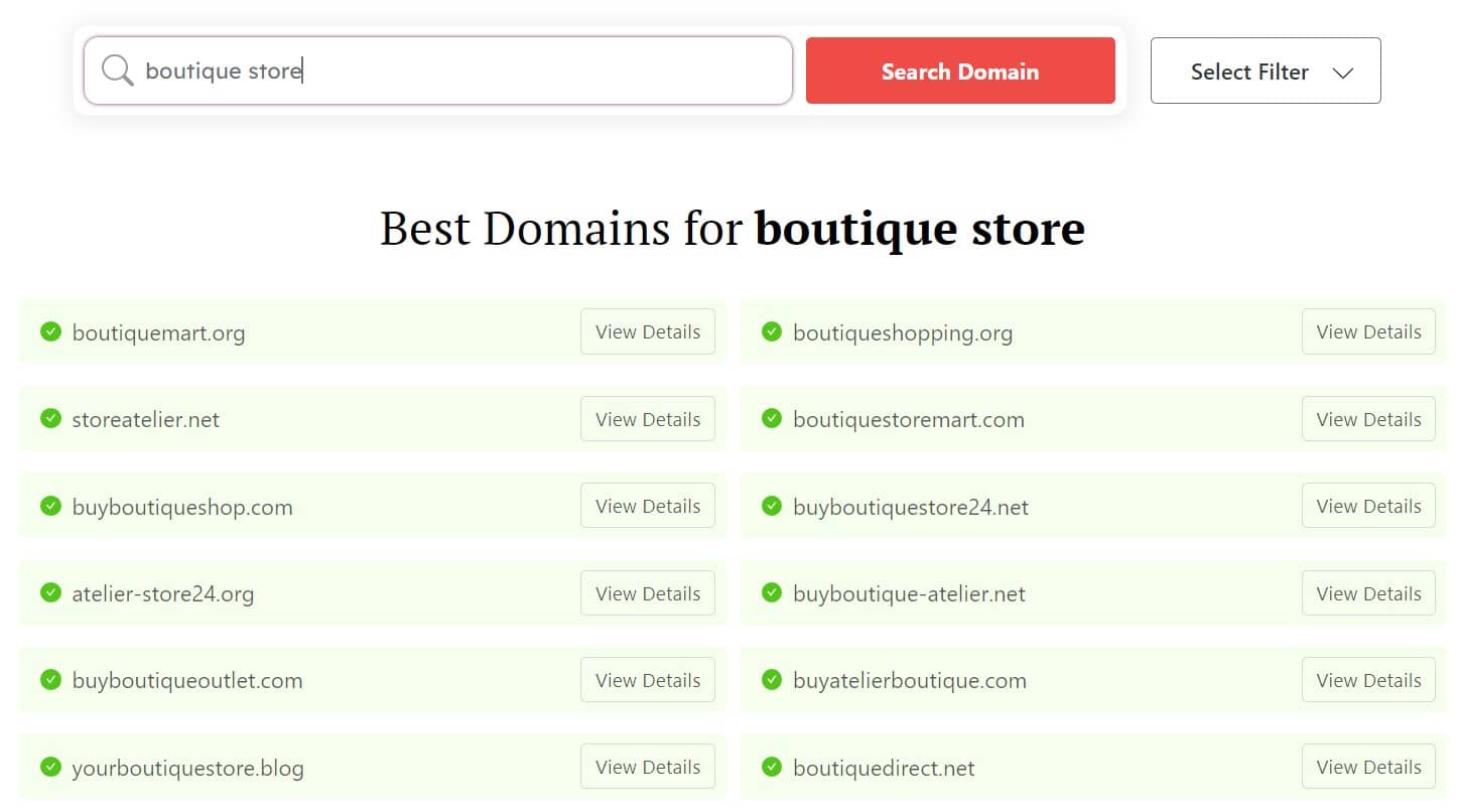 DomainWheel store name generator search results for "boutique store"