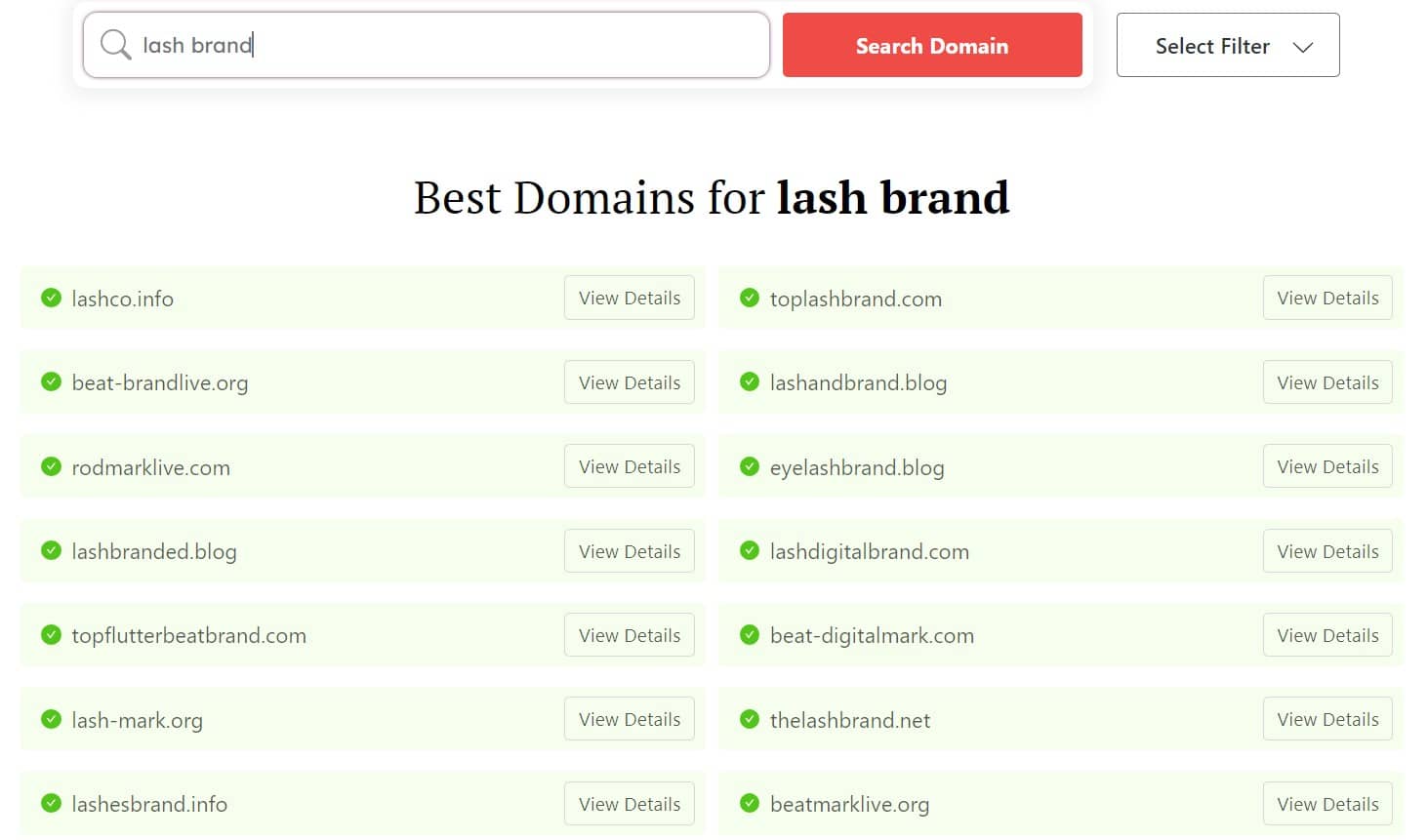 "Lash brand" search results from DomainWheel lash business name generator