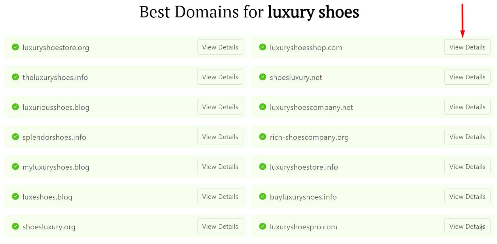 DomainWheel shoe company names search results for "luxury shoes" with a red arrow pointing to the "View Details" button in the top right search result