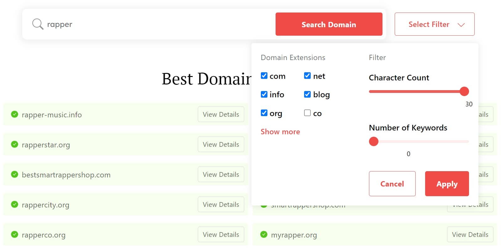 DomainWheel rapper name generator search results