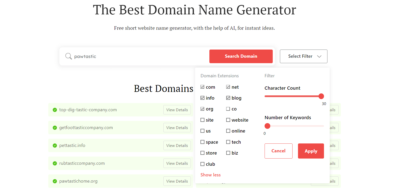 DomainWheel pet store name generator search filters