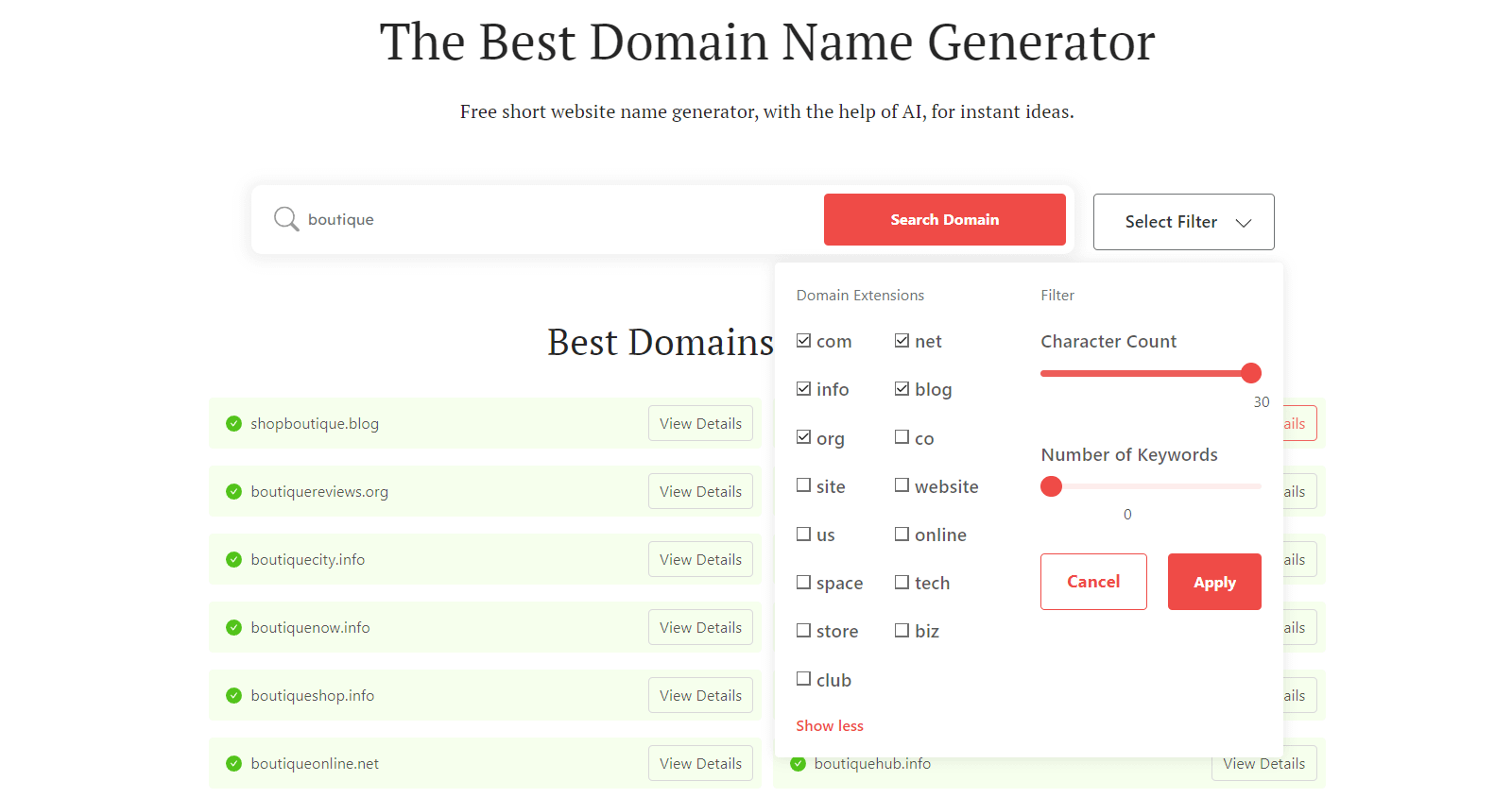 Boutique Names -DomainWheel filters screenshot