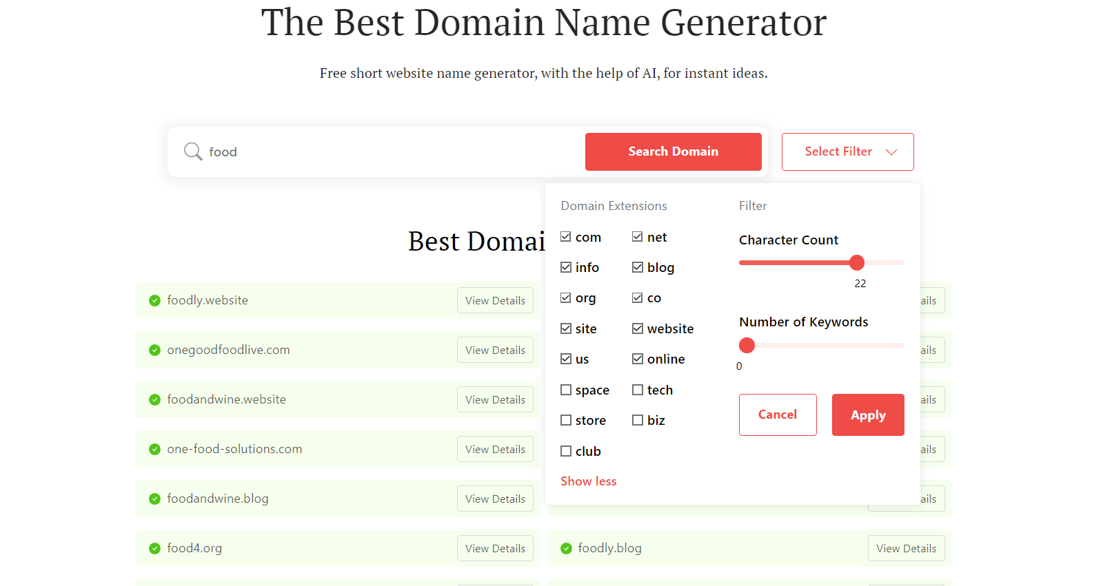 DomainWheel food blog name generator search filters
