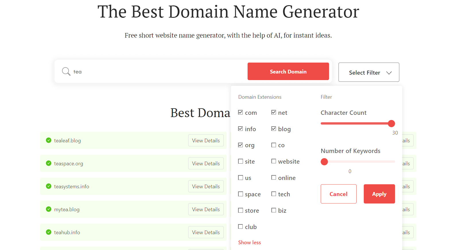 Tea company names - DomainWheel filters screenshot